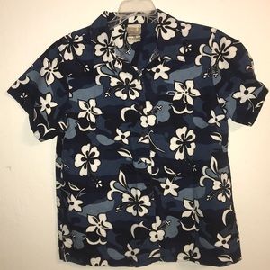 blue floral print collared shirt